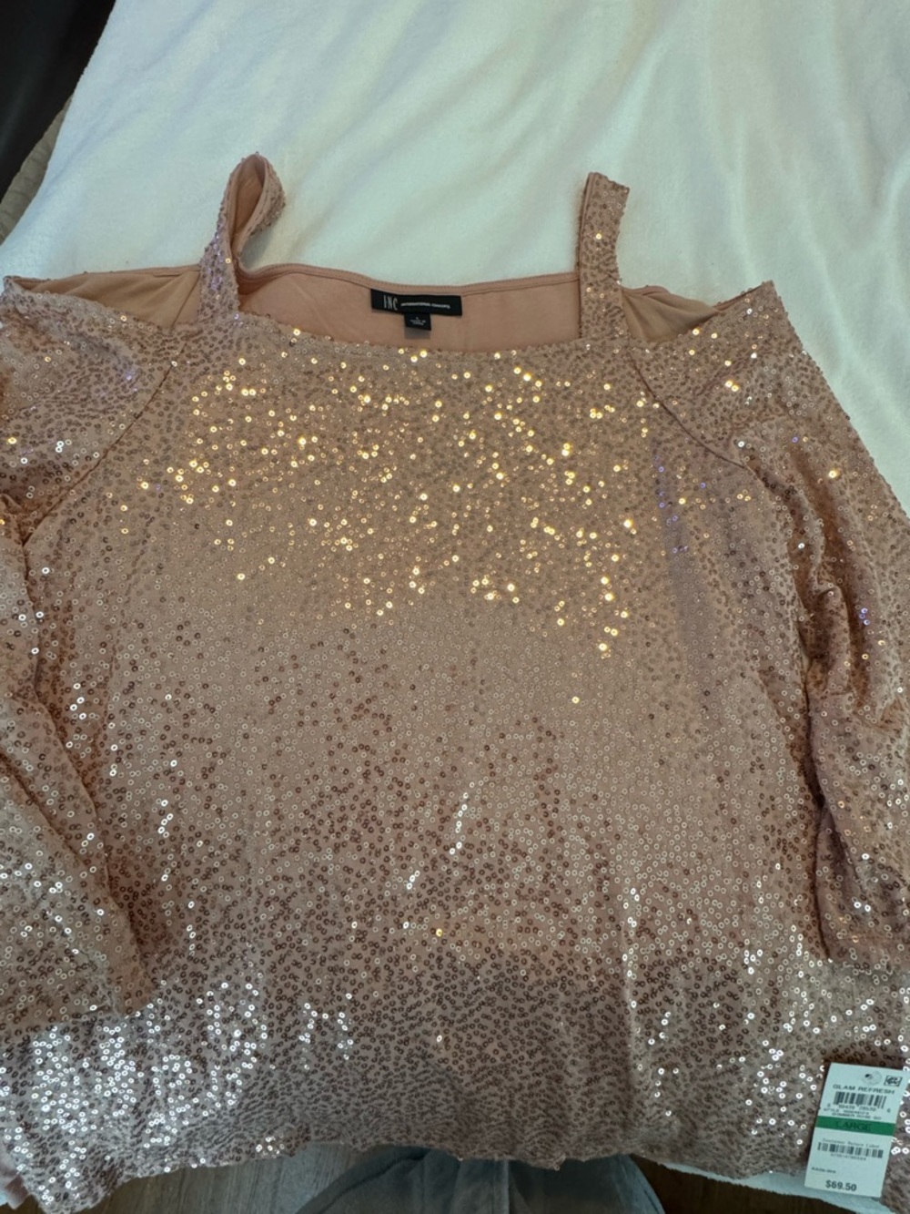 Inc NWT Refresh Rose Gold Sequin Cold-Shoulder Top. Size large